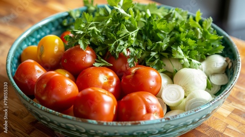b'A bowl of tomatoes, parsley and shallots'