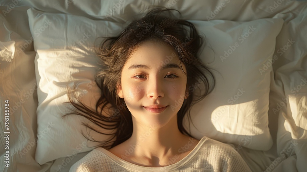 An Asian woman is lying on a bed and smiling at the camera. An Asian woman is lying on a bed and smiling at the camera.