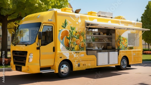 b A yellow food truck is parked in a park with a large tree in the background. 