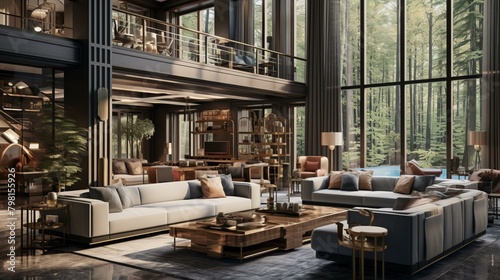 b'Modern luxury living room interior design with large windows and forest view'