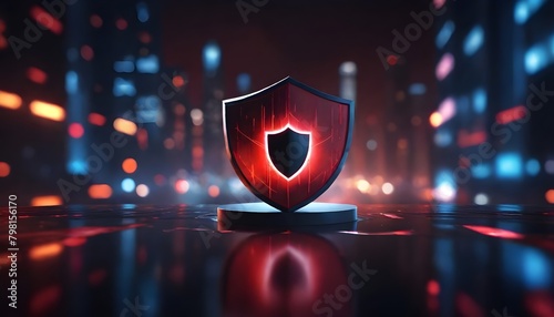 A glowing red shield with a dark silhouette in the center, floating on a reflective surface with blurred city lights in the background photo
