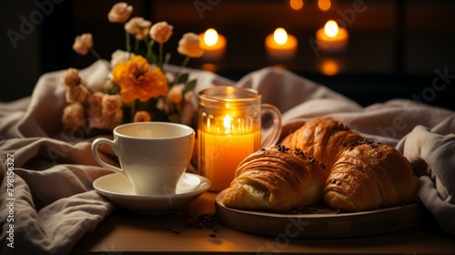 b A cozy breakfast with croissants  coffee  and flowers 