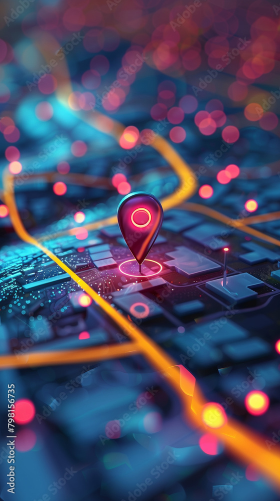 digital pin on a digital map, location system concept, created with generative AI technology digital pin on a digital map, location system concept, created with generative AI technology