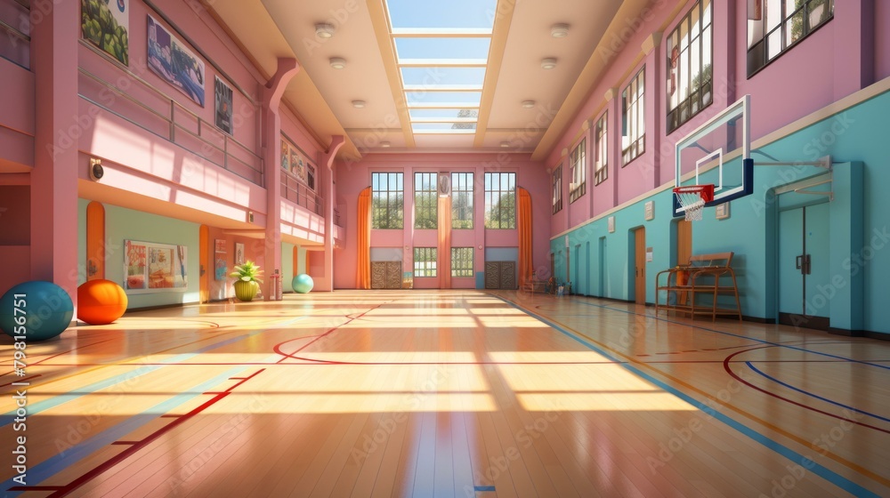 b'Retro basketball court with pink walls and blue accents'