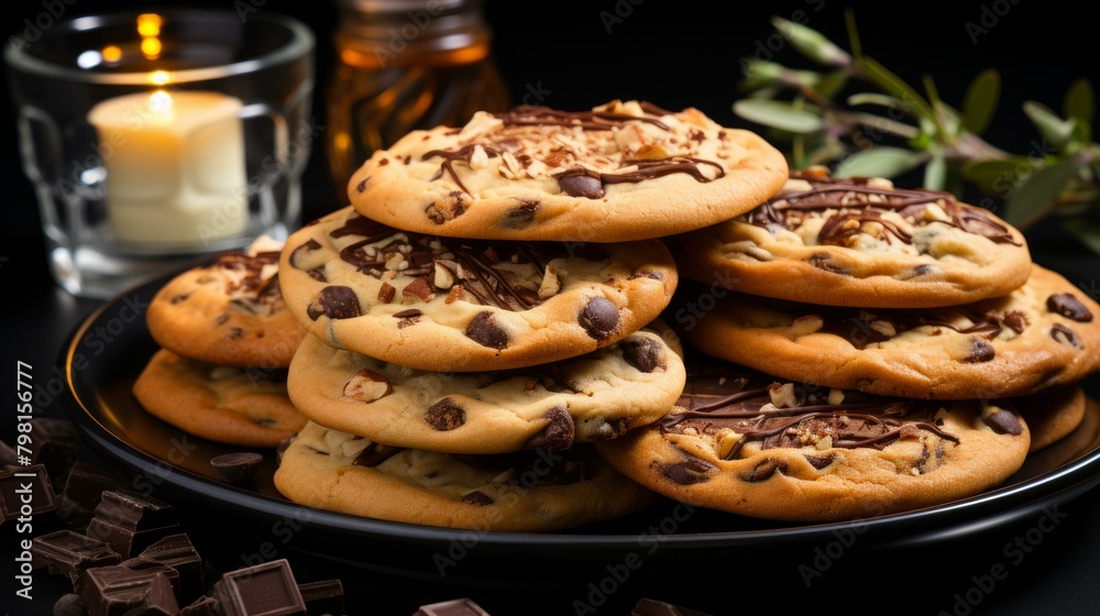 b'A stack of chocolate chip cookies on a black plate with a candle and chocolate bars'