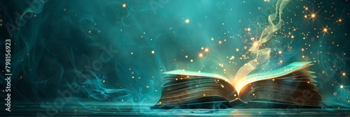 Mystery open book with shining light. Fantasy book with magic light and stars on a table with teal background and copy space 