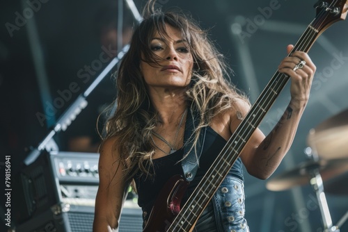 b'A woman playing bass guitar on stage' photo