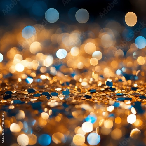 b'Golden glitter sparkles with a blurred background of blue lights' photo