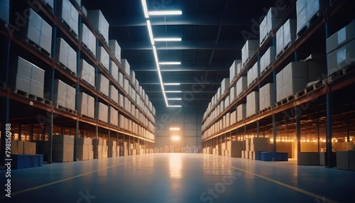 A large industrial warehouse with rows of shelves stocked with boxes and goods, illuminated by bright overhead lighting