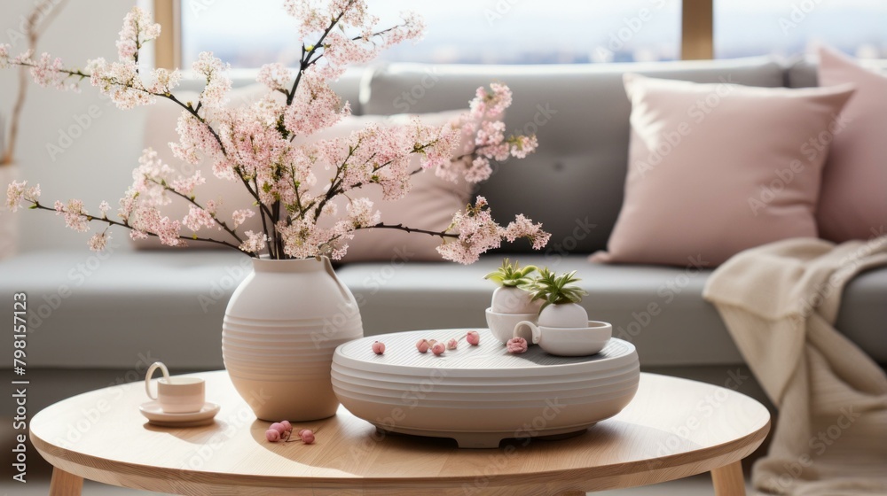 b'A beautiful living room with a vase of pink flowers on the coffee table' b'A beautiful living room with a vase of pink flowers on the coffee table'