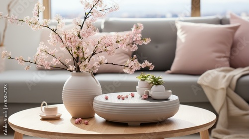 b A beautiful living room with a vase of pink flowers on the coffee table 