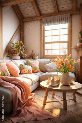 b'Cozy living room interior with sofa, flowers, and coffee table'