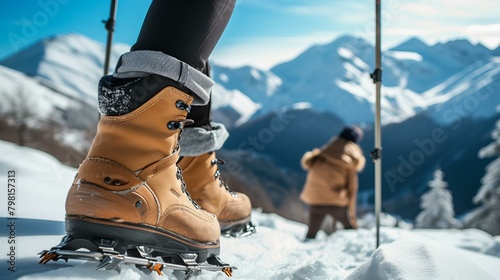b'Mountaineering boots with crampons on snow and ice with snow-capped mountains in the distance' photo