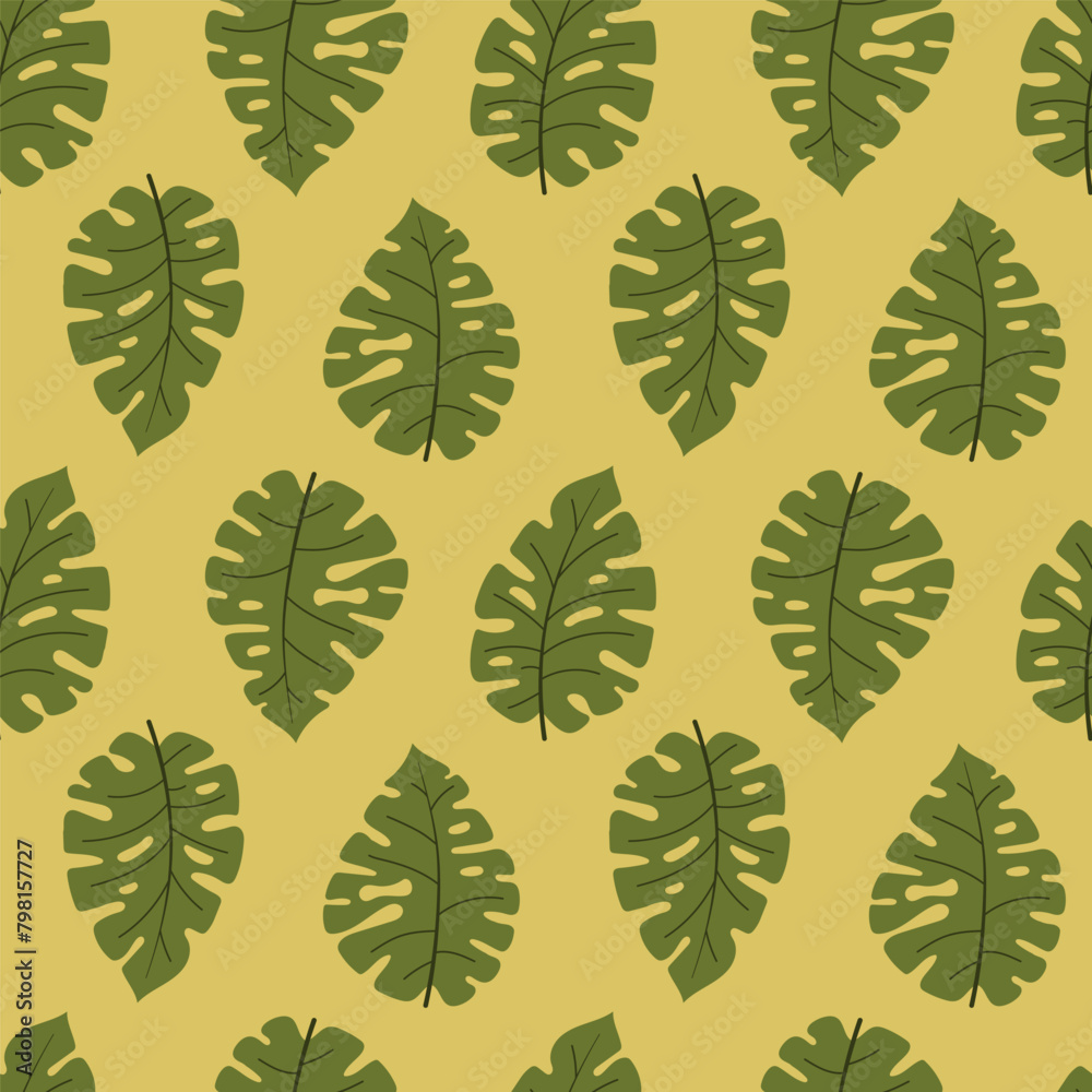 Naklejka premium шаблон пCute hand drawn tropical plant leaves seamless pattern. Monstera branches. Flat vector illustration.аттерна