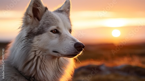 a dog looking at the sunset