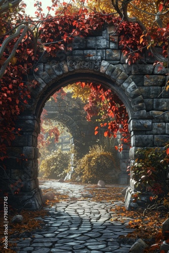 Stone archway in a forest with red leaves