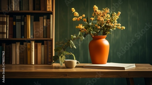 b A beautiful vase of yellow flowers sits on a wooden table in front of a bookshelf. 