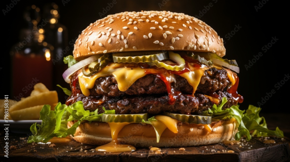 b'A delicious double cheeseburger with pickles, onions, and lettuce'