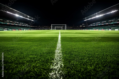 b'Empty soccer field at night with bright stadium lights'