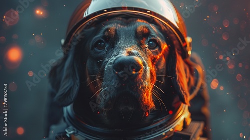 A stoic dog in a spacesuit helmet, visor reflecting the stars photo