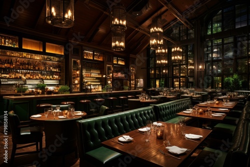 b'Elegant restaurant with dark wood and green leather'