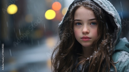 a girl with a hood on her head in the snow