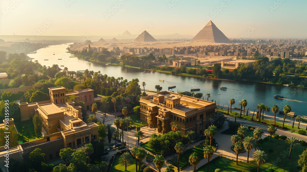 Drone view of ancient Egypt, River Nile and Pyramids are visible Stock ...