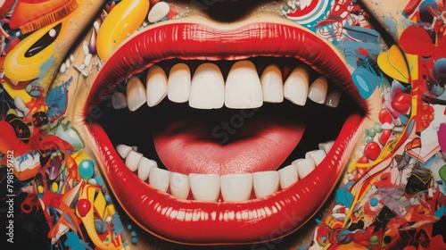 b"Colorful close up of woman's mouth with bright red lipstick and white teeth"