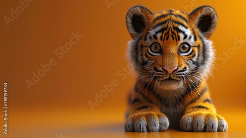 Cute baby tiger cartoon 3d on the right side with blank space for text