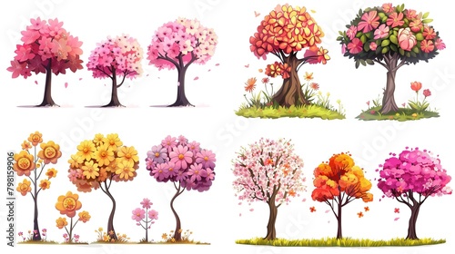 spring flower blossoming cartoon tree nursery style illustration isolated on white background collection set clip art, Generative Ai photo