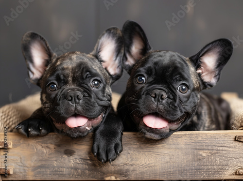 Adorable French Bulldogs: Happy Duo with Black and White Fur photo