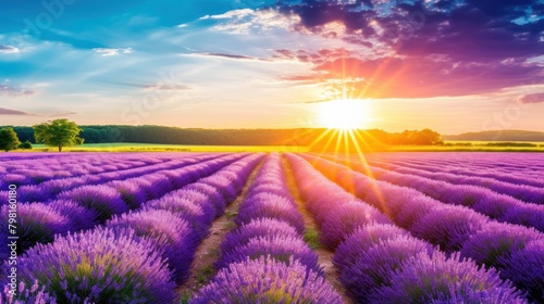 a field of lavender with the sun setting behind it