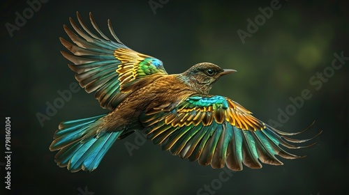 A tui bird is flying with its wings spread wide. The bird has dark feathers with green and blue iridescence. Its beak is yellow and its eyes are black. The bird is flying in a dark green forest.

 photo