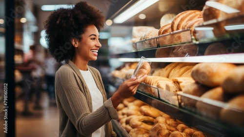 b'Happy African American woman choosing bread in supermarket' photo