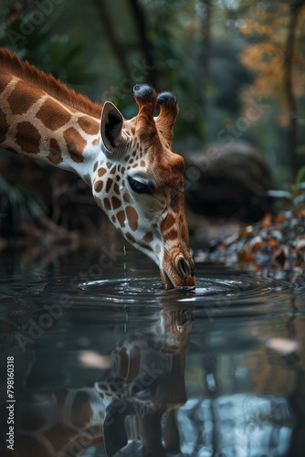 b'An elegant giraffe is drinking water from a watering hole in the middle of the jungle'