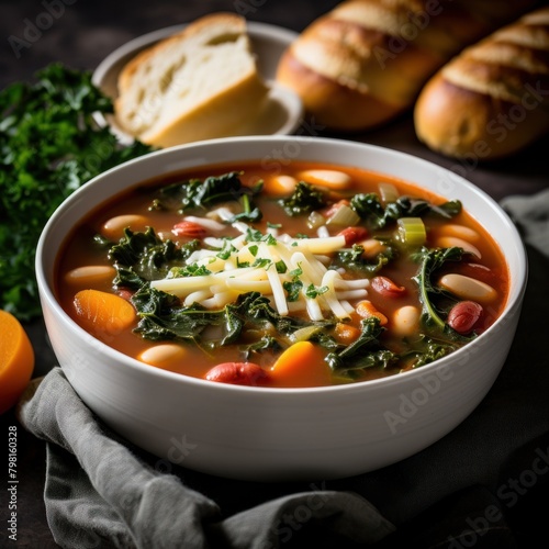 a bowl of soup with vegetables and cheese
