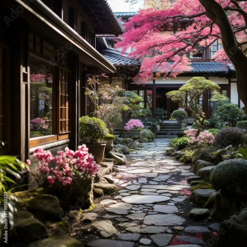 b Japanese garden with pink azalea bushes and stone path 