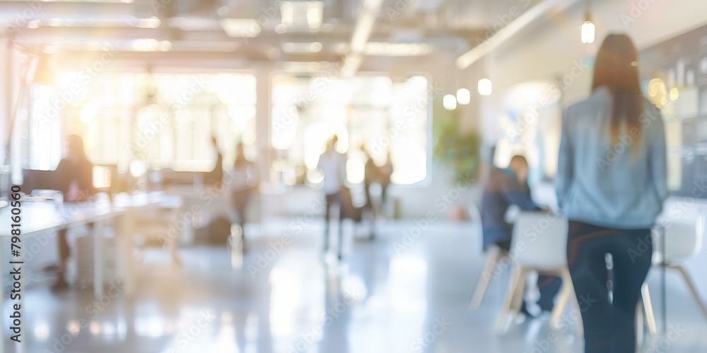 b'Blurred image of people walking in an office'