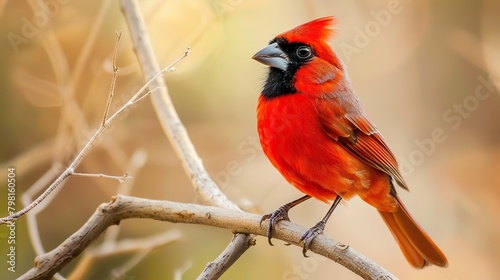 A small red bird with black wings and a black head is perched on a branch looking to the left.   © Awais
