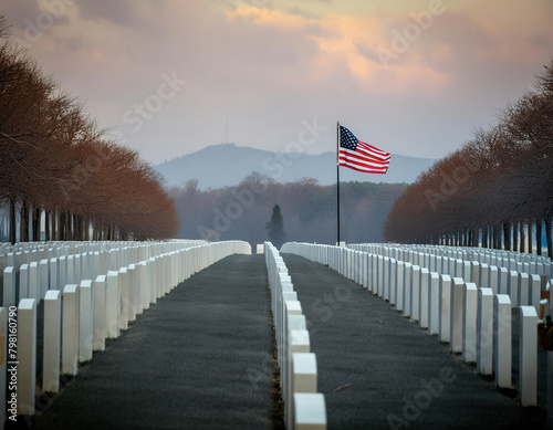 A row of white headstones are lined up in a cemetery. A lone American flag is flying in the distance