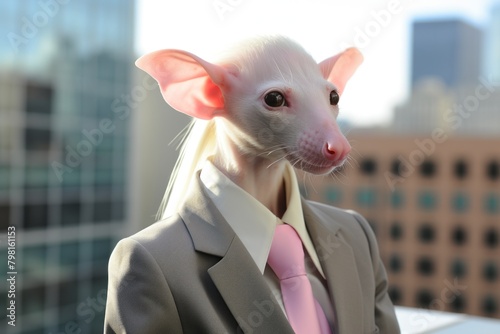 a hairless rat wearing a suit and tie