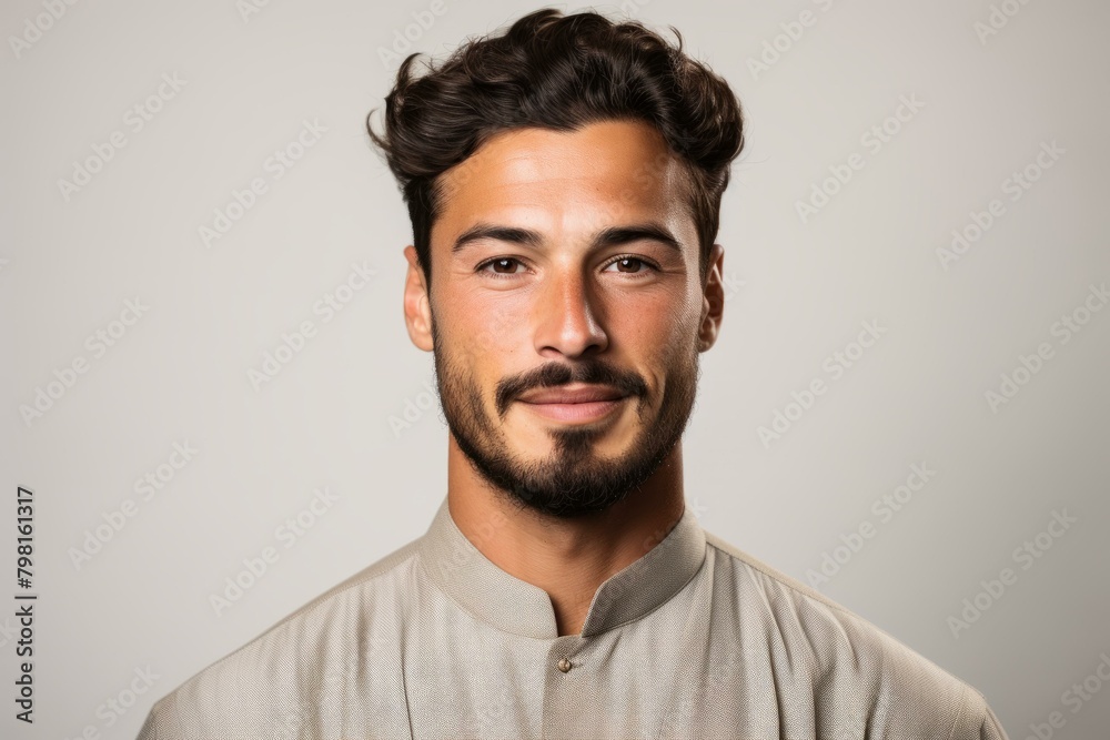 b'Portrait of a handsome young man with brown hair and brown eyes wearing a tan shirt' b'Portrait of a handsome young man with brown hair and brown eyes wearing a tan shirt'