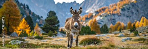 Scenic view of a donkey grazing in lush alpine meadows with ample space for customized text overlay photo