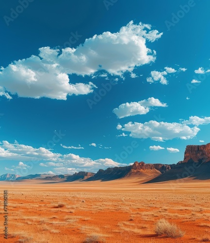 b'A vast desert landscape with red rocks and blue sky'