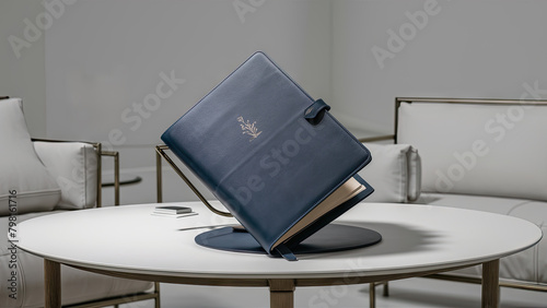 A stunning image of a pristine blue leather folder elegantly positioned on a pristine white desk in a minimalist room.