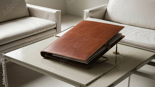 A stunning image of a pristine brown leather folder elegantly positioned on a pristine white desk in a minimalist room. photo