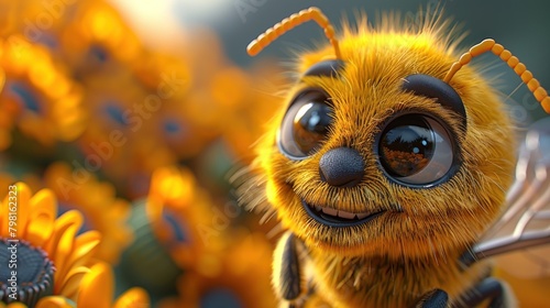 Cute bee cartoon 3d on the right side with blank space for text