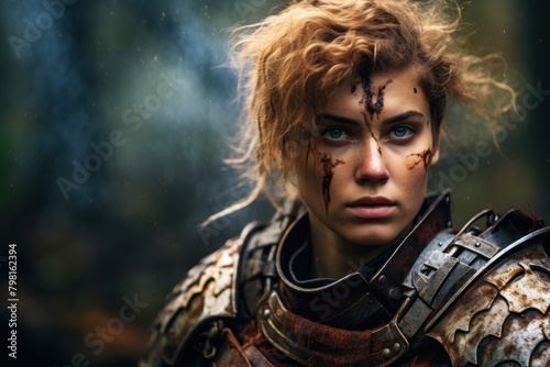 a woman in armor with blood on her face