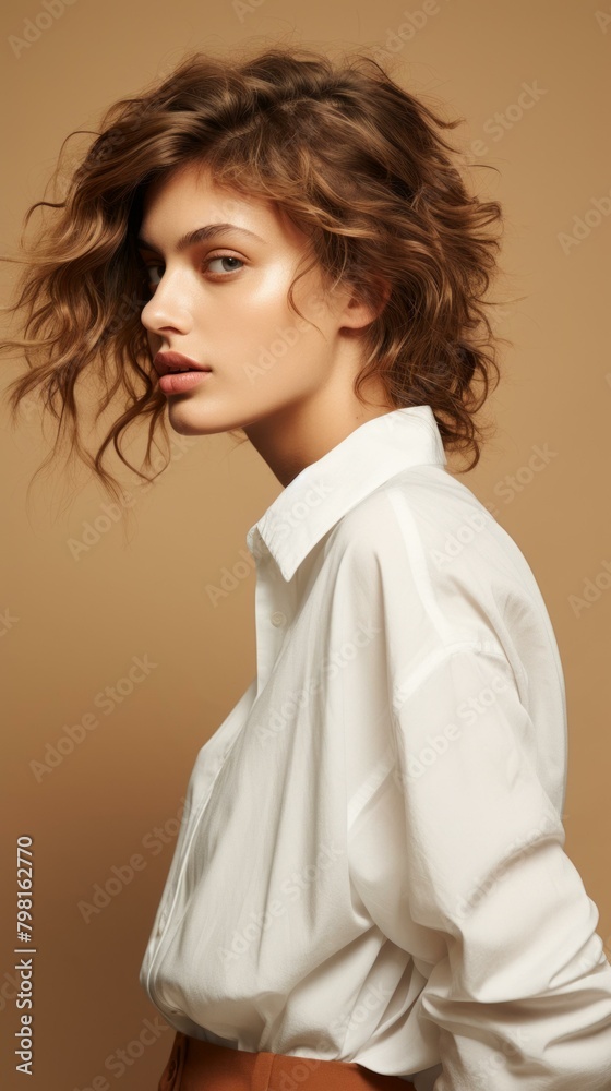 b'Fashion model with wavy brown hair wearing white shirt'