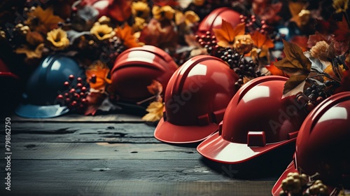 b'Red and blue hard hats with fall leaves' photo